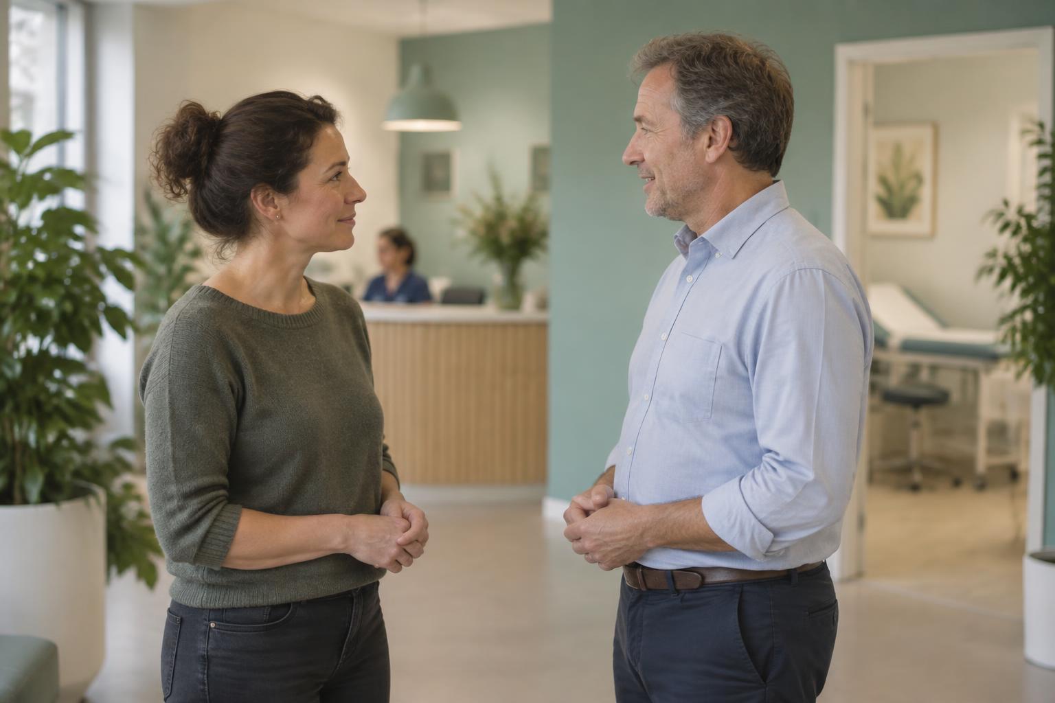 Auditor en huisarts voeren een gelijkwaardig gesprek in een huisartsenpraktijk