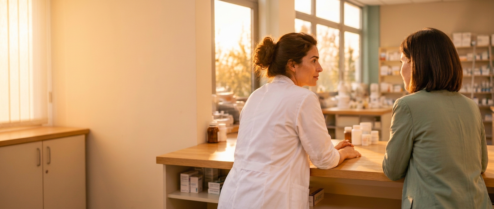 Apotheker en auditor in een ontspannen gesprek achterin een apotheek